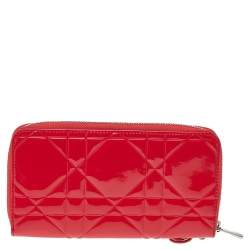 Pre Owned Dior Red Cannage Patent Leather Lady Dior Zip Around Wallet