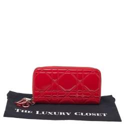 Pre Owned Dior Red Cannage Patent Leather Lady Dior Zip Around Wallet
