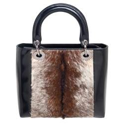 Pre Owned Dior Tricolor Patent Leather and Calf Hair Lady Dior Tote