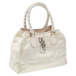 Pre Owned Christian Dior White-Cream Canvas And Leather Diorissimo Small Lovely Tote