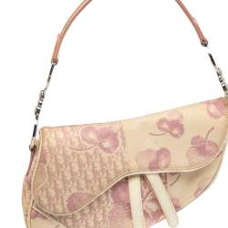 Pre Owned Dior Beige/Pink Floral Oblique Canvas Saddle Bag