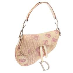 Pre Owned Dior Beige/Pink Floral Oblique Canvas Saddle Bag