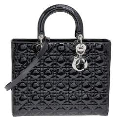Pre Owned Dior Black Cannage Patent Leather Large Lady Dior Tote