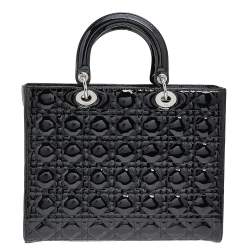 Pre Owned Dior Black Cannage Patent Leather Large Lady Dior Tote