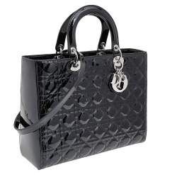 Pre Owned Dior Black Cannage Patent Leather Large Lady Dior Tote