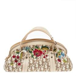Pre Owned Dior Beige Diorissimo Canvas And Leather Floral Embroidered Trotter Satchel