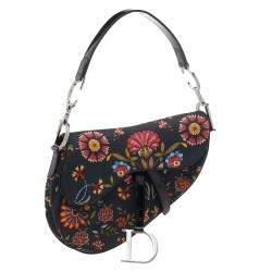 Pre Owned Dior Black Canvas And Leather Vintage Floral Print Saddle Bag