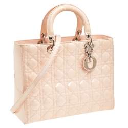 Pre Owned حقيبة يد ديور ليدي ديور كبيرة جلد لامع كاناج وردي فاتح