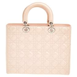 Pre Owned حقيبة يد ديور ليدي ديور كبيرة جلد لامع كاناج وردي فاتح