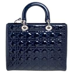 Pre Owned حقيبة يد توتس ديور ليدي ديور جلد لامع كاناج أزرق كحلي كبيرة