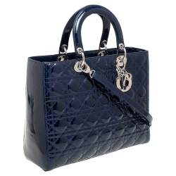 Pre Owned حقيبة يد توتس ديور ليدي ديور جلد لامع كاناج أزرق كحلي كبيرة