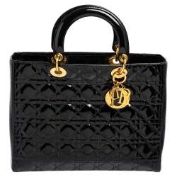 Pre Owned Dior Black Cannage Patent Leather Large Lady Dior Tote