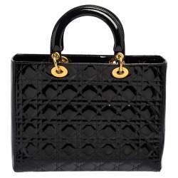 Pre Owned Dior Black Cannage Patent Leather Large Lady Dior Tote