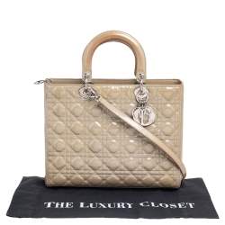 Pre Owned Dior Beige Cannage Patent Leather Large Lady Dior Tote
