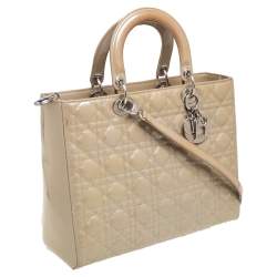 Pre Owned Dior Beige Cannage Patent Leather Large Lady Dior Tote