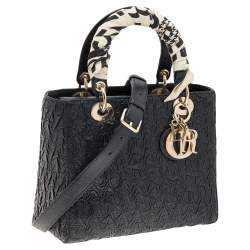 Pre Owned حقيبة يد توتس ديور ليدي ديور جلد مجعد مموج أسود
