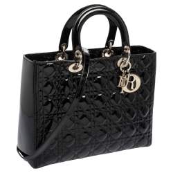 مملوكة مسبقًا حقيبة يد توتس ديور ليدي ديور جلد لامع كاناج أسود كبيرة