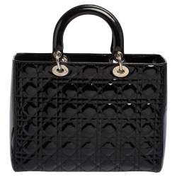 مملوكة مسبقًا حقيبة يد توتس ديور ليدي ديور جلد لامع كاناج أسود كبيرة