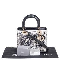 Pre Owned حقيبة يد توتس ديور ليدي ديور جلد مجدول أبيض/أسود مزخرف خرز متوسطة 