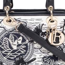 Pre Owned حقيبة يد توتس ديور ليدي ديور جلد مجدول أبيض/أسود مزخرف خرز متوسطة 