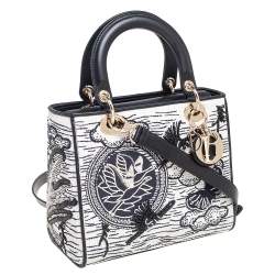 Pre Owned حقيبة يد توتس ديور ليدي ديور جلد مجدول أبيض/أسود مزخرف خرز متوسطة 