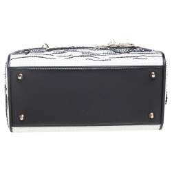 Pre Owned حقيبة يد توتس ديور ليدي ديور جلد مجدول أبيض/أسود مزخرف خرز متوسطة 