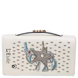 Pre Owned Dior White Leather Embroidered Star Tarot Clutch