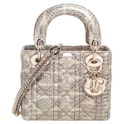 Pre Owned Dior Beige/Gold Python Mini Lady Dior Chain Tote