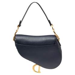 Pre Owned Dior Navy Blue Grained Leather Saddle Bag