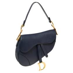 Pre Owned Dior Navy Blue Grained Leather Saddle Bag