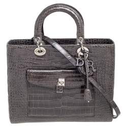 Dior Grey Crocodile Leather Front Pocket Large Lady Dior Tote