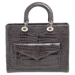 Dior Grey Crocodile Leather Front Pocket Large Lady Dior Tote