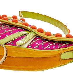 Pre Owned Dior Multicolor Velvet And Patent Leather Limited Edition Pom Pom Embellished Saddle Bag