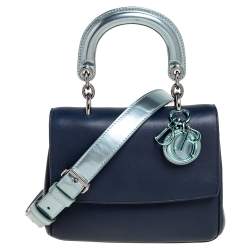 Pre Owned Dior Navy Blue/Metallic Mint Green Leather Mini Be Dior Top Handle Bag