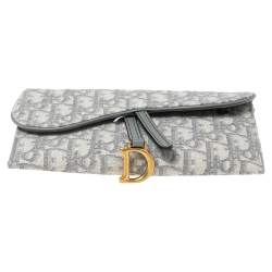 Pre Owned Dior Grey Oblique Jacquard Canvas Saddle Long Wallet w/Chain