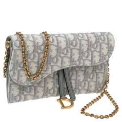 Pre Owned Dior Grey Oblique Jacquard Canvas Saddle Long Wallet w/Chain