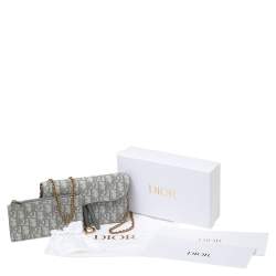 Pre Owned Dior Grey Oblique Jacquard Canvas Saddle Long Wallet w/Chain