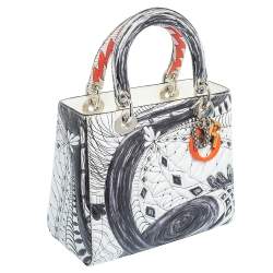 مملوكة مسبقًا حقيبة يد ديور ليدي ديور جاك بيرسون أرت متوسطة  جلد أسود/ أبيض