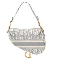 Pre Owned Dior Grey/White Oblique Embroidered Canvas Saddle Bag