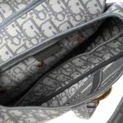 Pre Owned Dior Grey/White Oblique Embroidered Canvas Saddle Bag