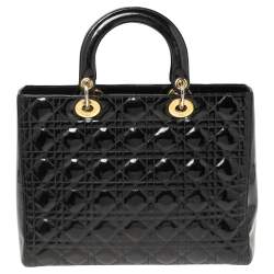 Pre Owned Dior Black Cannage Patent Leather Large Lady Dior Tote