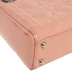 Pre Owned Dior Beige Cannage Patent Leather Mini Lady Dior Tote