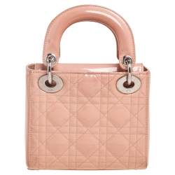 Pre Owned Dior Beige Cannage Patent Leather Mini Lady Dior Tote