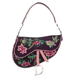 Pre Owned Dior Purple/Pink Floral Embroidered Fabric and Patent Leather Limited Edition Saddle Bag