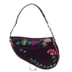 Pre Owned Dior Purple/Pink Floral Embroidered Fabric and Patent Leather Limited Edition Saddle Bag
