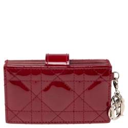 Pre Owned Dior Red Cannage Patent Leather Lady Dior Gusset Card Case