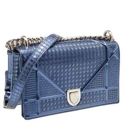 مملوكة مسبقًا Dior Metallic Blue Micro Cannage Patent Leather Small Diorama Shoulder Bag
