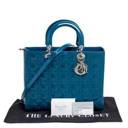 Pre Owned Dior Teal Blue Cannage Patent Leather Large Lady Dior Tote