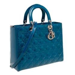 Pre Owned Dior Teal Blue Cannage Patent Leather Large Lady Dior Tote