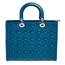 Pre Owned Dior Teal Blue Cannage Patent Leather Large Lady Dior Tote